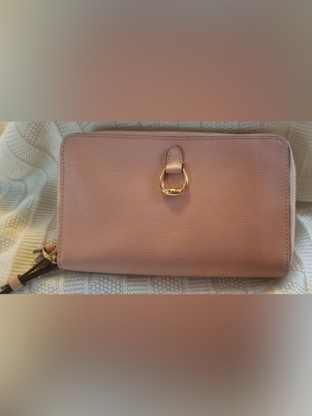 Lauren Ralph Lauren Pink Leather Zip Wristlet with Gold Ring Hardware